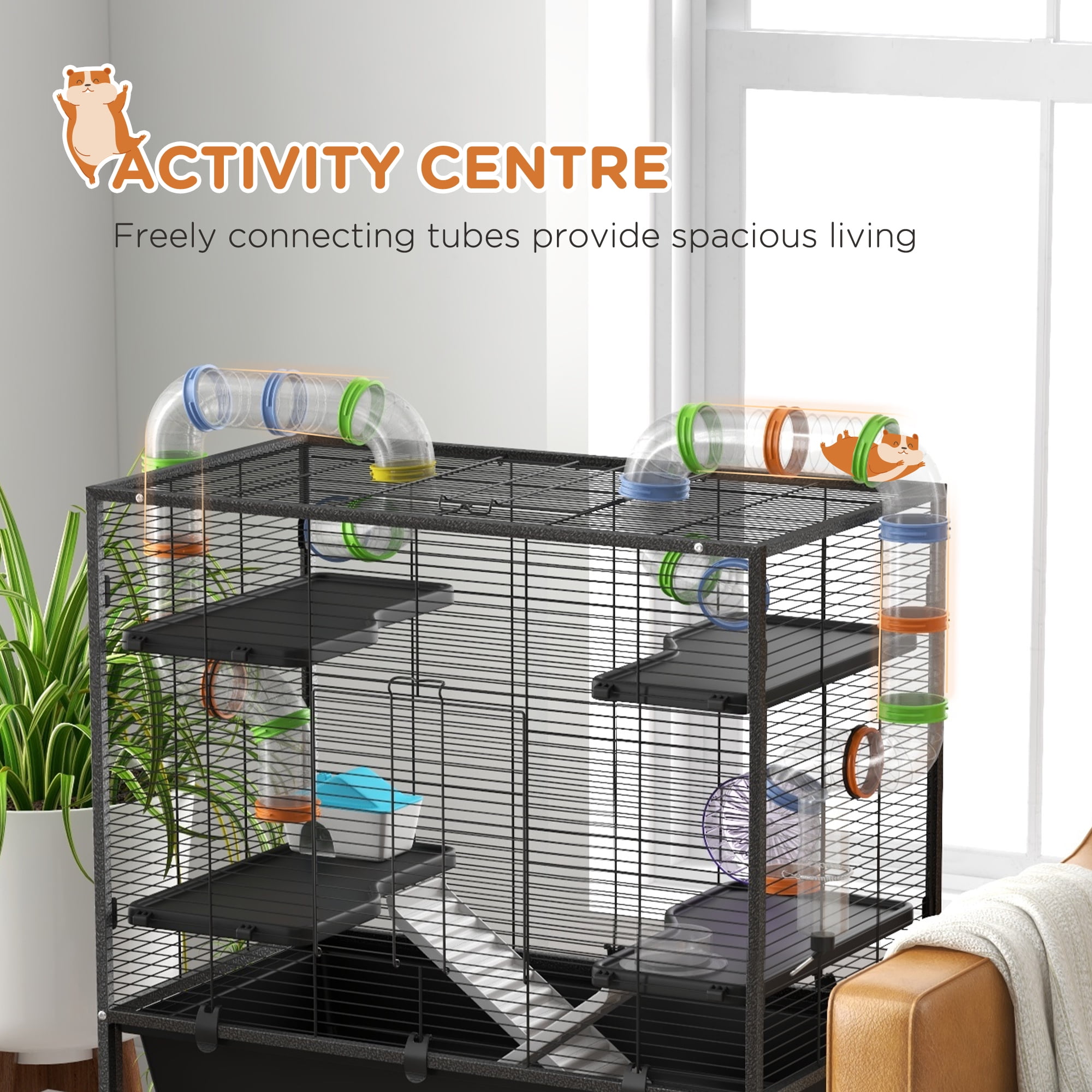 PawHut Large Hamster Cage Rat Cage on Wheels w/ Storage Shelf, Tubes