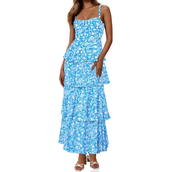 Spaghetti Strap Womens Floral Print Maxi Dresses Casual Sleeveless Ruffle Flowy Tiered Dress