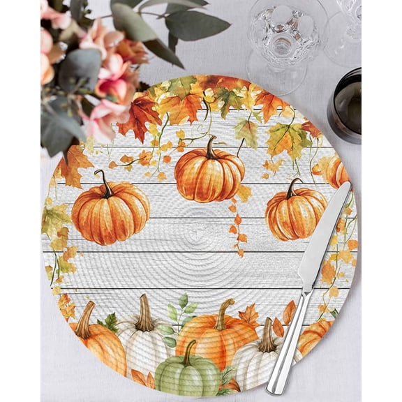 15 Inch Round Placemats Set of 4, Orange Green Pumpkins Fall Non Slip Heat Insulation PP Table Mats, Thanksgiving Botanical Vintage Washable Place Mats for Kitchen Dining Party Table Decor