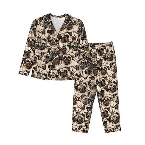 Balery Pug Conjunto de Pijama con Estampado para Mujer, Conjunto de Dos Piezas con Manga Larga, Ropa de Dormir Suave con Bolsillos, Pijamas Cómodos-Medium
