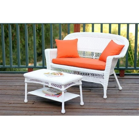 Jeco W00206-LCS016 White Wicker Patio Love Seat And Coffee Table Set With Orange Cushion