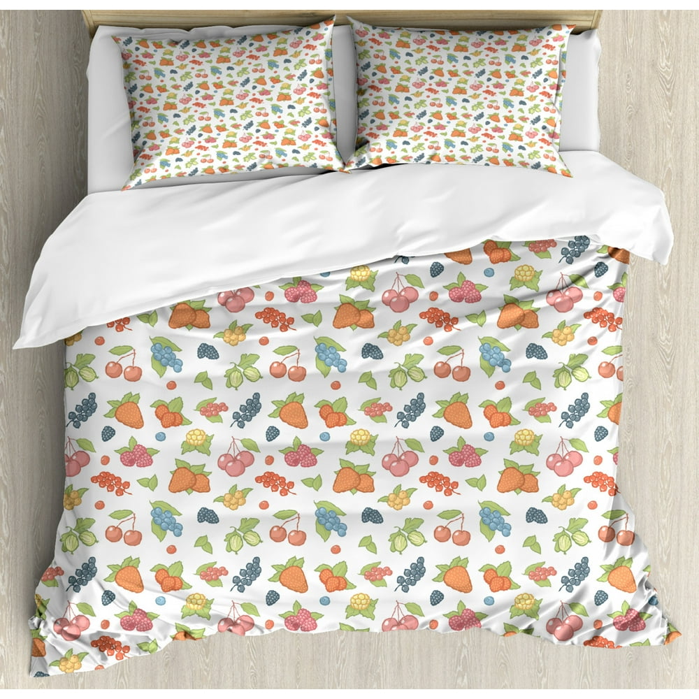 Fruit Duvet Cover Set Queen Size, Grape Cherry Strawberry Berry Pastel