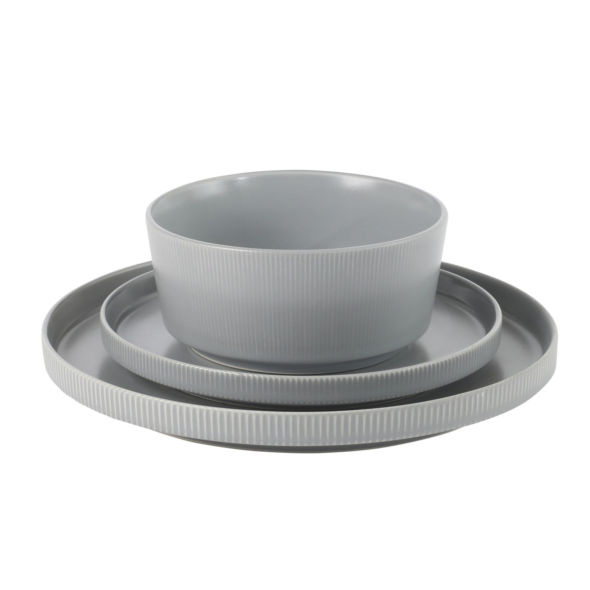Gibson Home Dempsey Road 12-Piece Stoneware Dinnerware Set – Service for 4, Round Grey Plates and Bowls, Durable Solid Color Modern Embossed Dish Set, Microwave & Dishwasher Safe