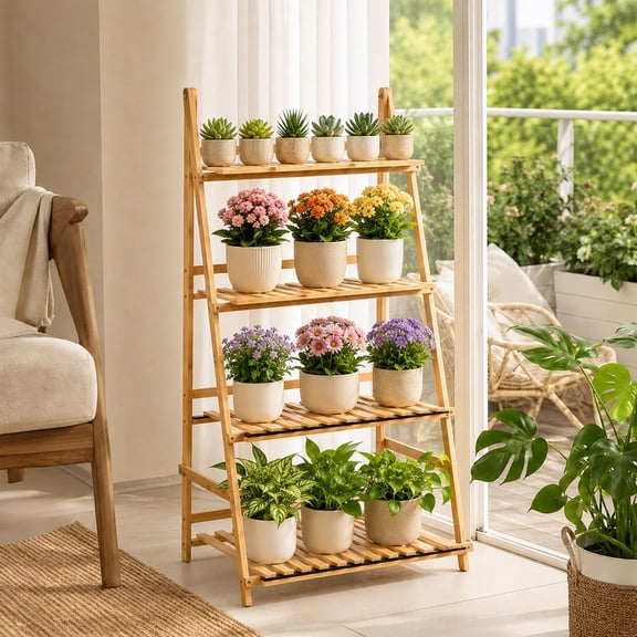 4-Tier Bamboo Ladder Plant Shelf