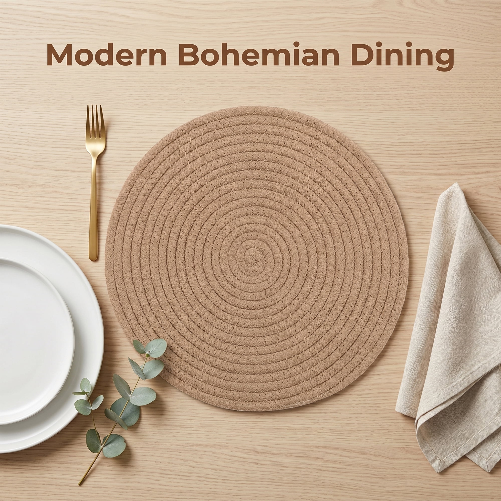 Unique Bargains Placemats Set of 4 Cotton Round Placemats for Dining Table Brown
