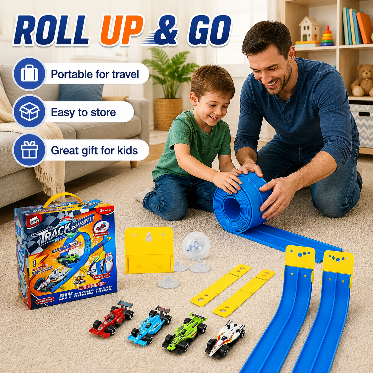15 ft Flexible Race Track for Kids, Portable Dual Sided Racetrack with 4 Car & Suction Cups, Compatible with Hot Wheels & 1/64 Diecast Cars, Classic Long Rolls up Race Track for Boys Girls (Blue)