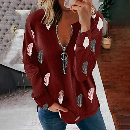 RXIRUCGD Trendy Casual Womens Long Sleeve Tops Clearance Items Fashion  Woman V-Neck Long Sleeve T-Shirt Summer Printing Loose Blouse Tops Womens  Tops