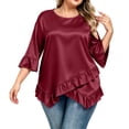 thumbnail image 2 of Lmueinov Womens Satin Summer Tops Plus Size 3/4 Length Sleeve Ruffle Hem Shirts Crew Neck Solid Flowy Casual Trendy Fall Going Out Tops for Women S-5XL, 2 of 4