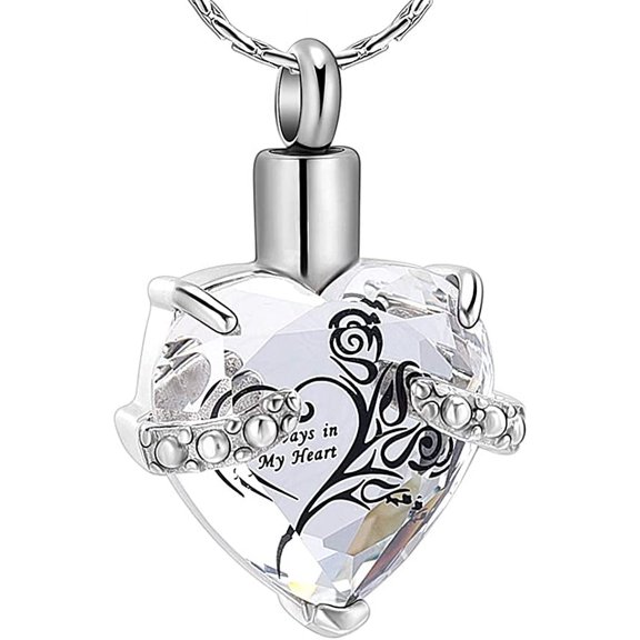 Crystal Heart Shape Cremation Jewelry Memorial Urn Necklace for Ashes, Stainless Steel Ash Holder Pendant Keepsake with Gift Box Charms Accessories for Women