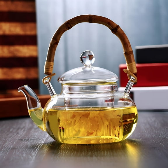ACDANC Glass Tea Pot with Infuser,Wood Handle Tea Kettle,Water for Juice Beverage