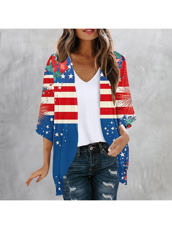 Women's Sheer Chiffon 3/4 Sleeve Casual Loose Kimonoes Cardigan Capes Blouses Resort Wear Beach Cover Ups Open Front Casual Summer Beach Sun Protecton Tops Loose Fits Independence Day M