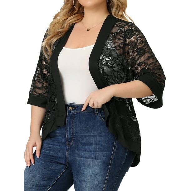 Plus Size Shrug for Women Bolero Summer Lace Panel Sheer Loose Cardigans Black 2X
