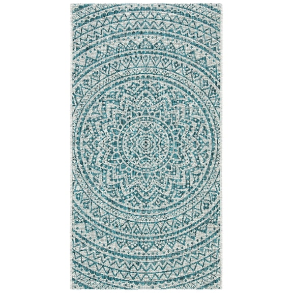 SAFAVIEH Courtyard Josiah Floral Medallion Indoor/Outdoor Area Rug, 2'7" x 5', Light Grey/Teal