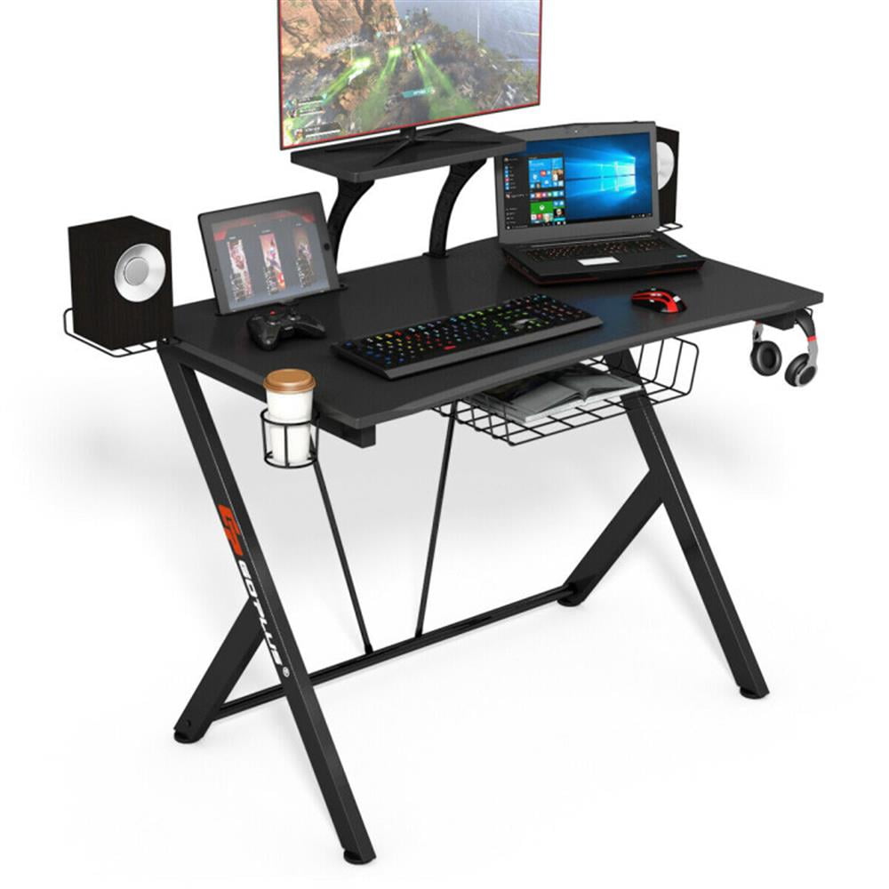 Demi Bonn Multifunctional E-Sport Gaming Desk with Headset Hook and Cup Holder, Small Home Office Desk Study Writing Table, Black