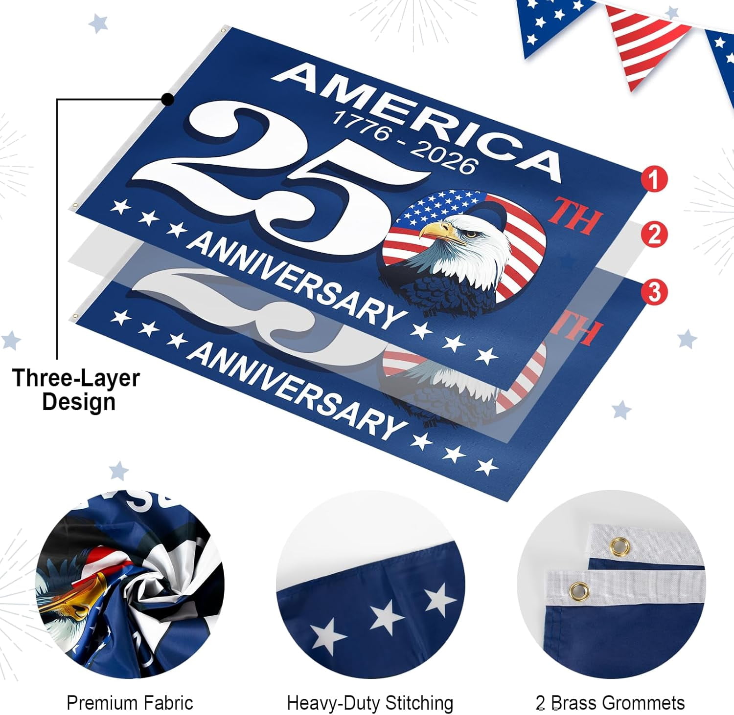 America 250 Anniversary Flag - 3x5 Ft Double Sided 3 Layers Patriotic Garden Flag, 4th of July Decorations for US 250th Celebration, America 250 Merchandise, Commemorative 1776-2026, Indoor Outdoor