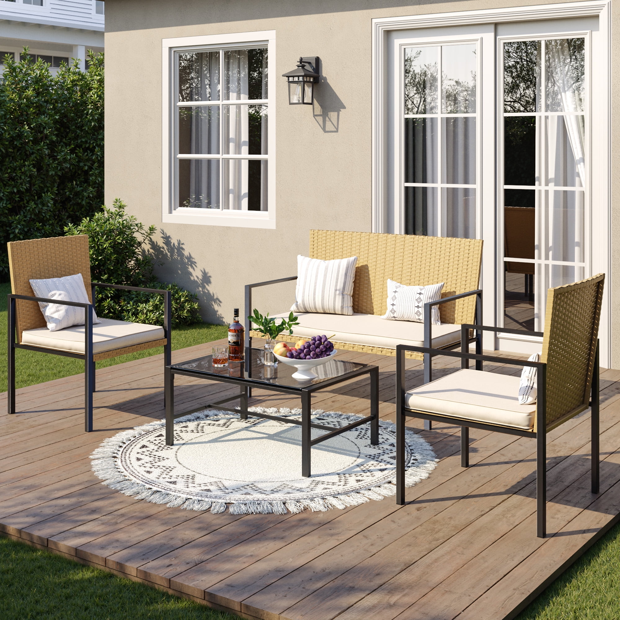 ELPOSUN Patio Furniture Sets for 4, 4 Pieces Patio Comversation Set with Glass Coffee Table,for Backyard Balcony Lawn Pool,Yellow/Beige