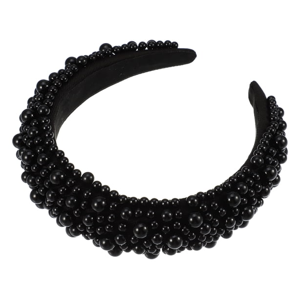 Diadema acolchada con perlas de imitación, diadema de ala ancha con esponja, diadema para mujer, negro