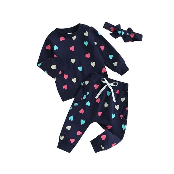 Suealasg Toddler Baby Girls Valentine’s Day Outfits 6M 1T 2T 3T 4T Kids Girls Long Sleeve Heart Print Sweatshirt Sweatpants Headband Sets 3 Piece Casual Spring Tracksuit Clothing for Child Girls