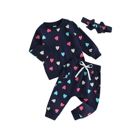 

Co.MMehjri Toddler Girls Valentine s Day Sets 0-3T Infant Cotton Outfits Long Sleeve Crewneck Sweatshirt Heart Print Pants Headband Sets