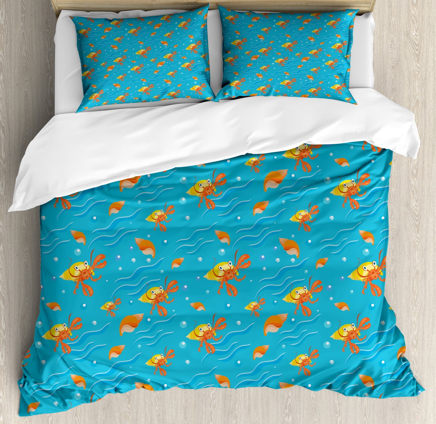 Hermit Crab Duvet Cover Set, Sea Animals Theme with Seashells and