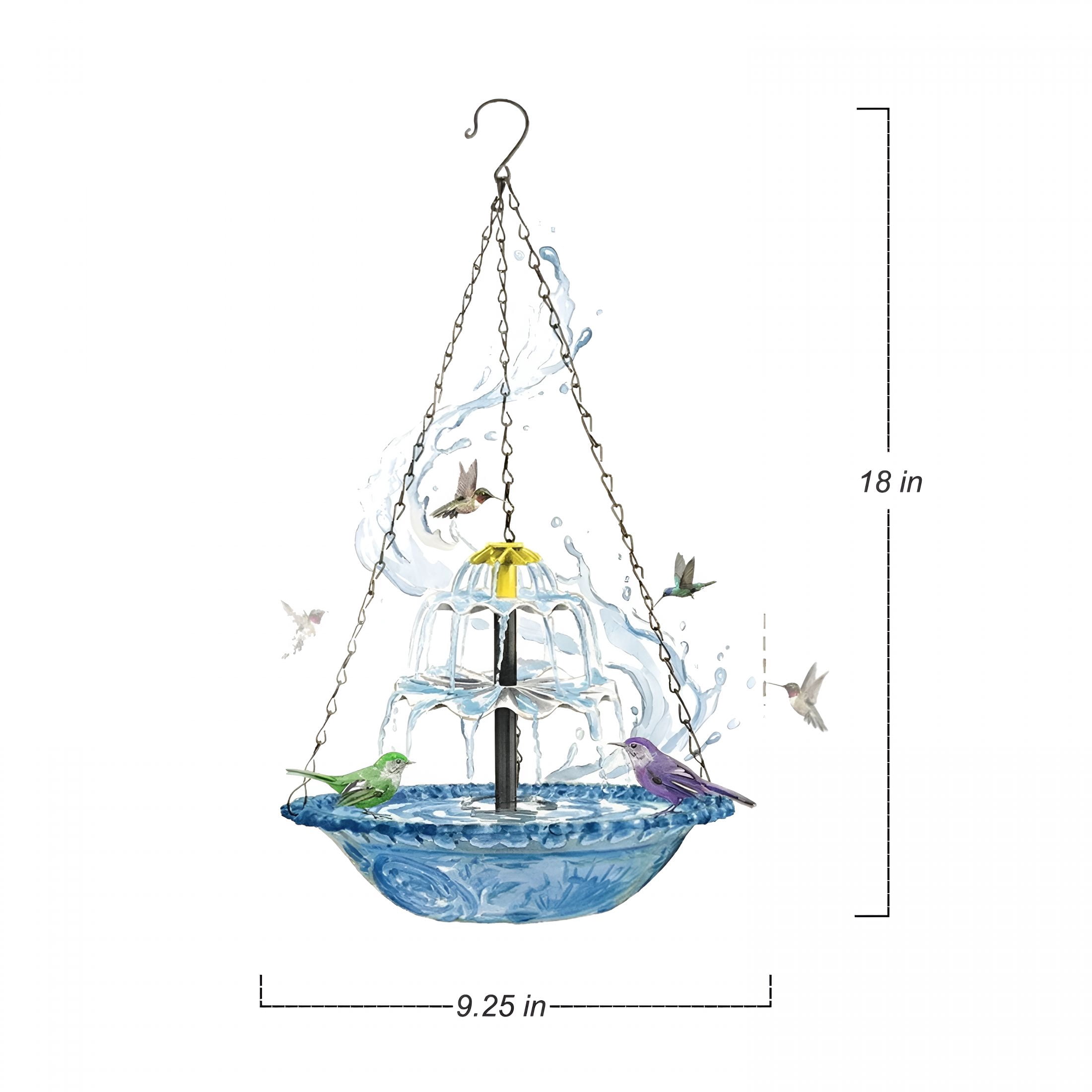 HIBIBUD Hanging Solar Bird Bath Fountain, Blue Wireless Cascading Water Feature – Solar Powered for Garden, Patio, Hummingbirds