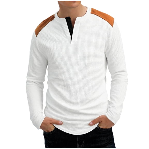 Men's Thermal Knit Shirt Long Sleeve Crewneck Button Collar Color Block Pullover Tee White L