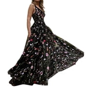 Floral Embroidered Tank Dress for Women Floor Length Sheer Mesh Wedding Guest Dresses Bride Shower Night Out Dress