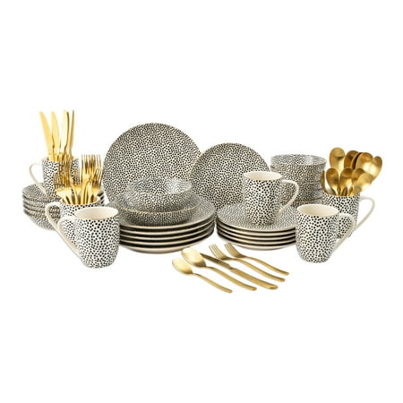 Thyme & Table 60-Piece Dot Dinnerware & Gold Flatware Set  Service for 6