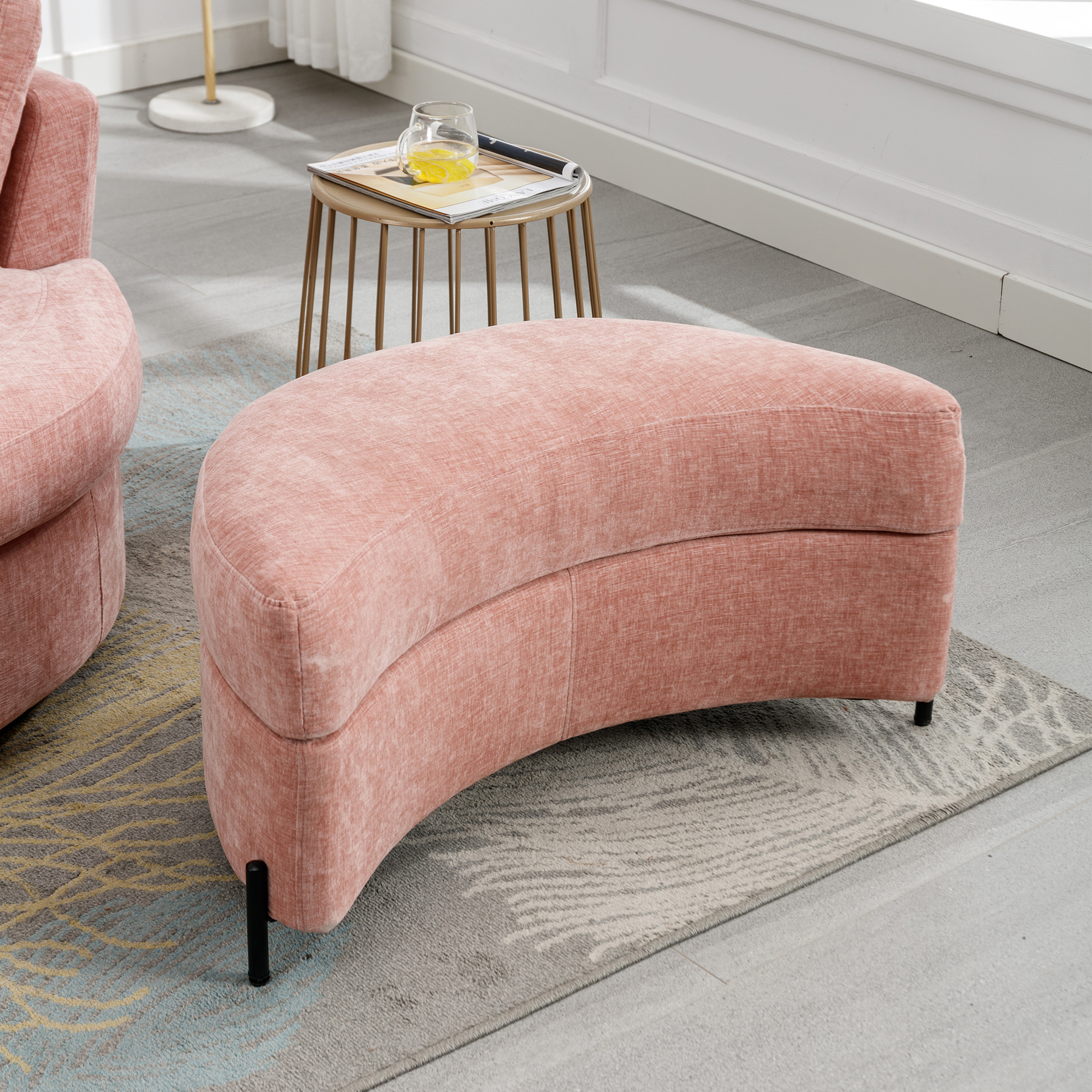Aukfa 33" Storage Ottoman, Convertible Bench, Side Table for Living Room, Half Moon Shape, Pink