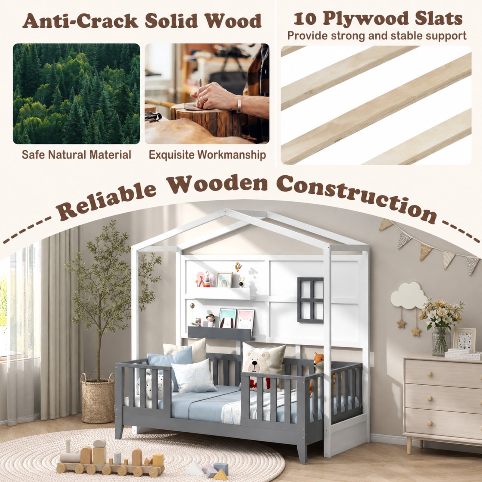 Furnibear Gray and White Twin Wood House Floor Bed Montessori Frame with 2 Shelves and High Guardrails, a Low Profile Twin Size Loft Bed and Full Size Bed Frame Alternative to a Queen Bed Frame