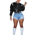 thumbnail image 1 of FOCUSNORM Women Juniors Casual Coat, Letters Embroidery Pattern Button-down Bomber Jacket, 1 of 5