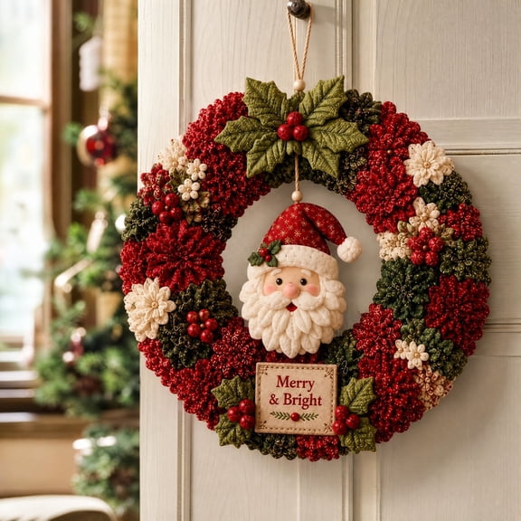 DIY Christmas Fabric Art Wreath Kit, 3D Christmas Fabric Poke Art Craft Kit with Frame & Tools, No-Sew Kinusaiga Holiday Door Hanging Decorations, Xmas Wall Decor Gift