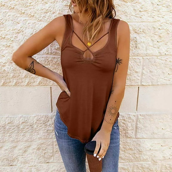 USSUMA Womens Tank Tops Workout Tops for Women Women Casual Tanks Sleeveless Solid Pullover Sling Vest Blouse Tops Online Shopping Womens Tops Solidcolor