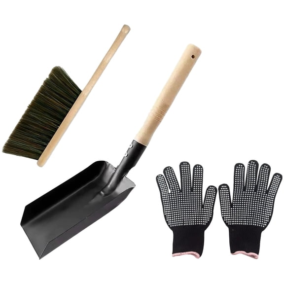 Fireplace Ash Shovel and Brush Set, Coal Shovel and Hearth Brush Set,Metal Fire Place Tools Set with Wooden Handle, Includes Thick Heat-Resistant Non-Slip Gloves for Fireplace and Wood Stove