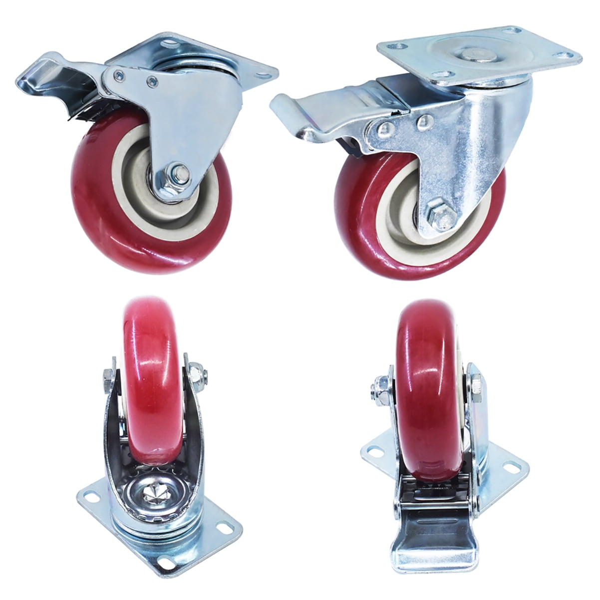 4 Pack Heavy Duty Caster Set 4 inch Wheels All Swivel All Brake Casters Non Skid