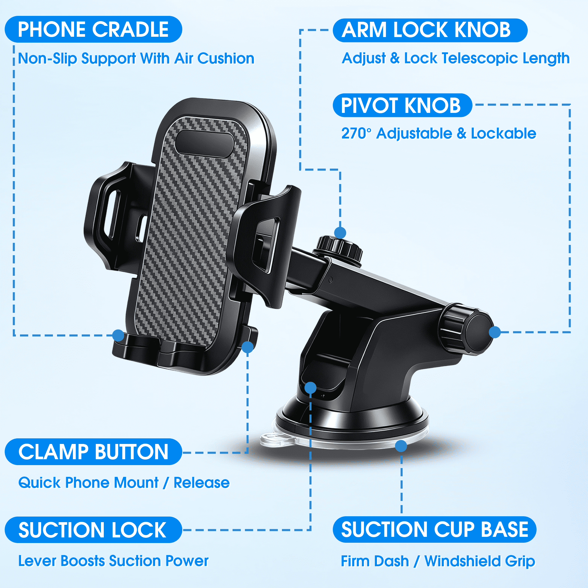 GARITIN Car Phone Holder Suction Cup 360° Adjustable Car Phone Mount, Cell Phone Holder for Dashboard Windshield Air Vent