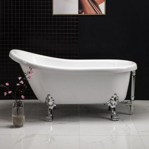 WOODBRIDGE 59" Slipper Clawfoot Bathtub with Solid Brass Polished Chrome Finish Drain and Overflow,BTA1522 Tub