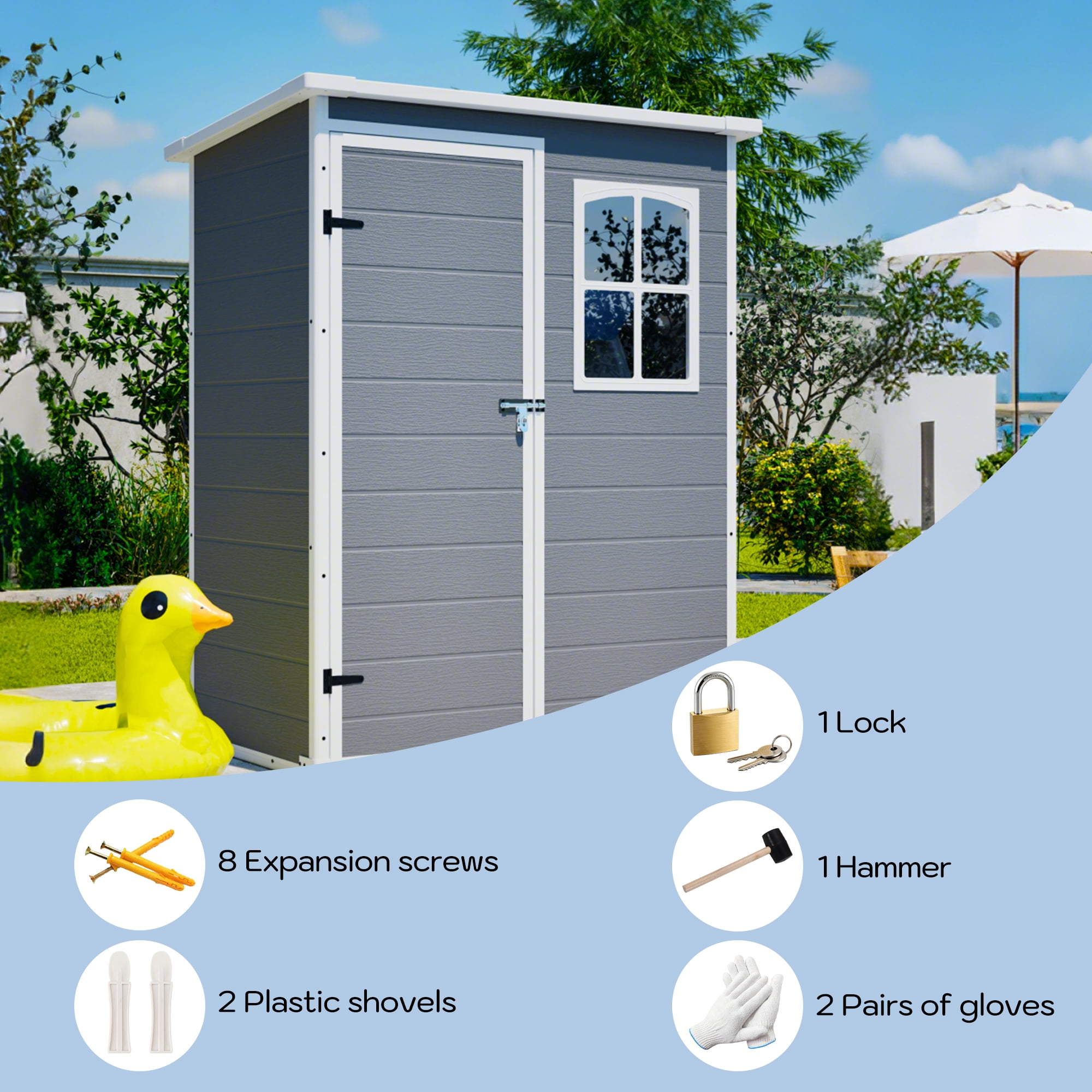 Seizeen 5x3FT Outdoor Storage Shed with Floor, Plastic Garden Tool Shed w/Lockable Door & Window, Waterproof Wood Grain Patio Storage Versatile Design