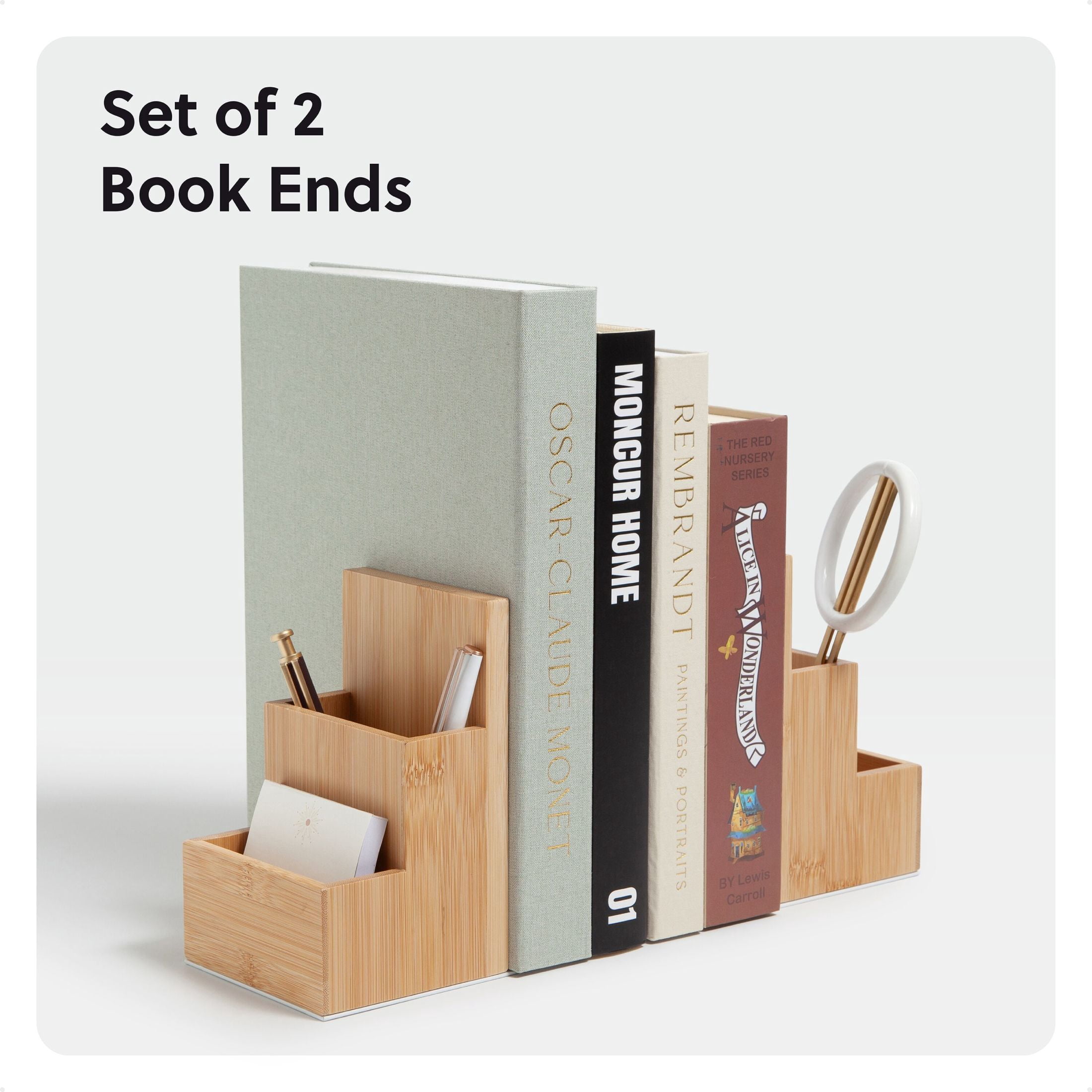 U Brands Zen Storage Bookends, Set of 2, 6.2 x 3.9 x 6.2 in., Bamboo, Pencil Cup, Mid-Century