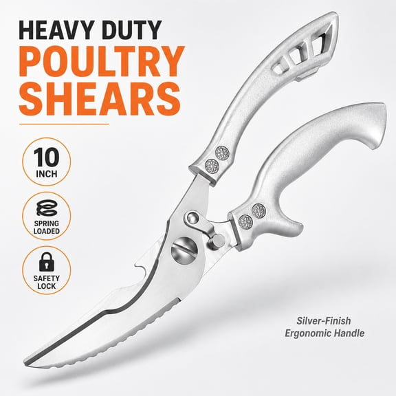 Heavy Duty Poultry Shears, 10 in Kitchen Scissors with Spring Loaded Safety Lock, Stainless Steel Blades for Chicken, Fish, Meat, Silver