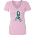 thumbnail image 3 of Inktastic Ovarian Cancer Awareness Teal Ribbon Made of Hearts Women's V-Neck T-Shirt, 3 of 5
