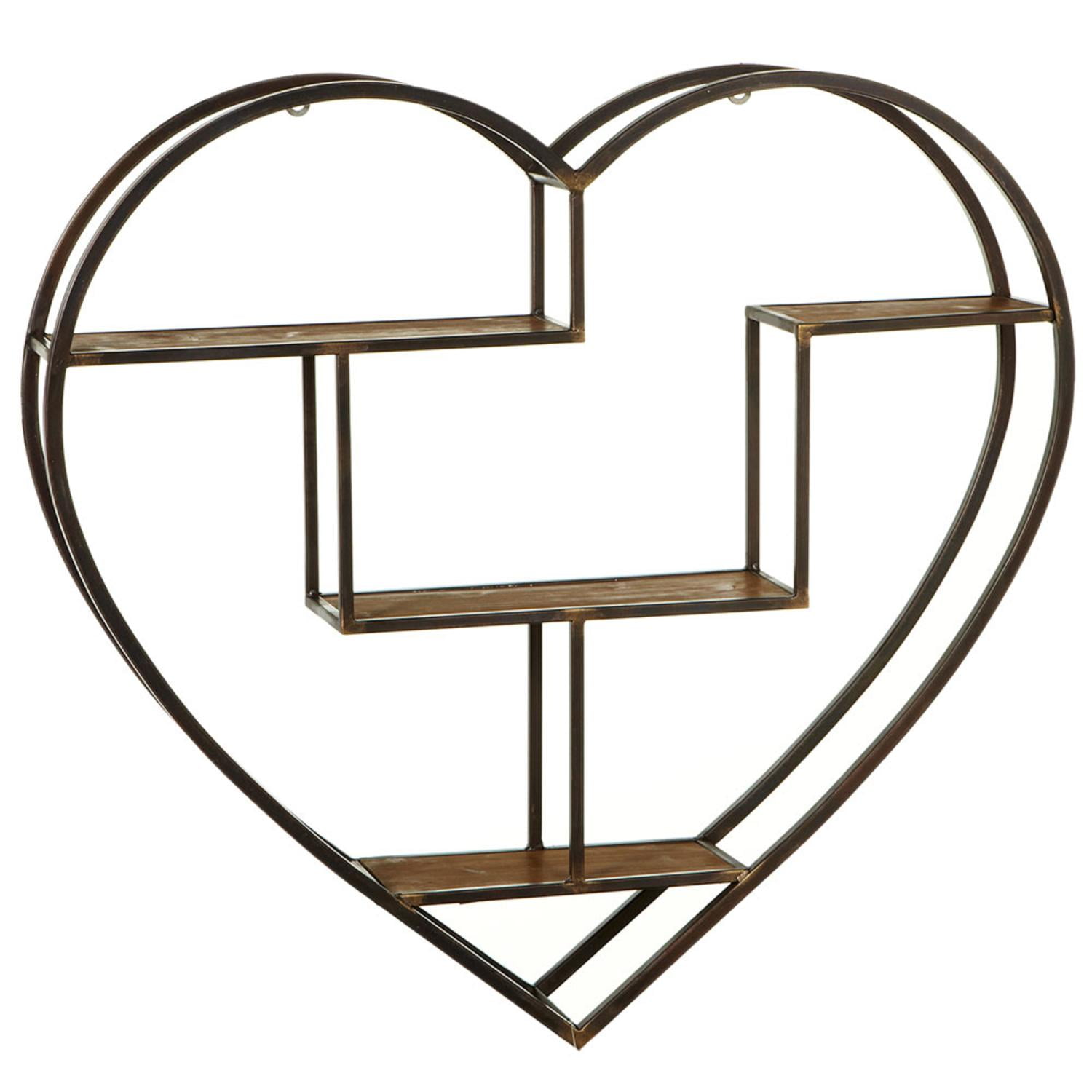 31" Brown Metal and Wood Heart Shaped Decorative 3Tier Wall Shelf