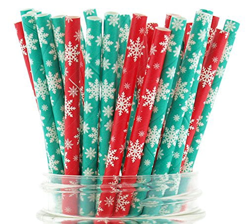 CLEARANCE Christmas Party Blue & White Snowflake Paper Party Straws x 10 