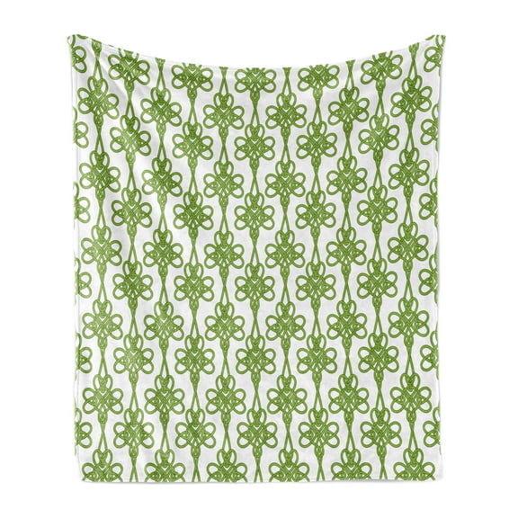 Irish Soft Flannel Fleece Blanket, Entangled Clover Leaves Twigs Celtic Pattern Botanical Filigree Inspired Retro Tile, Cozy Plush for Indoor and Outdoor Use, 50" x 60", Green Cream, by Ambesonne