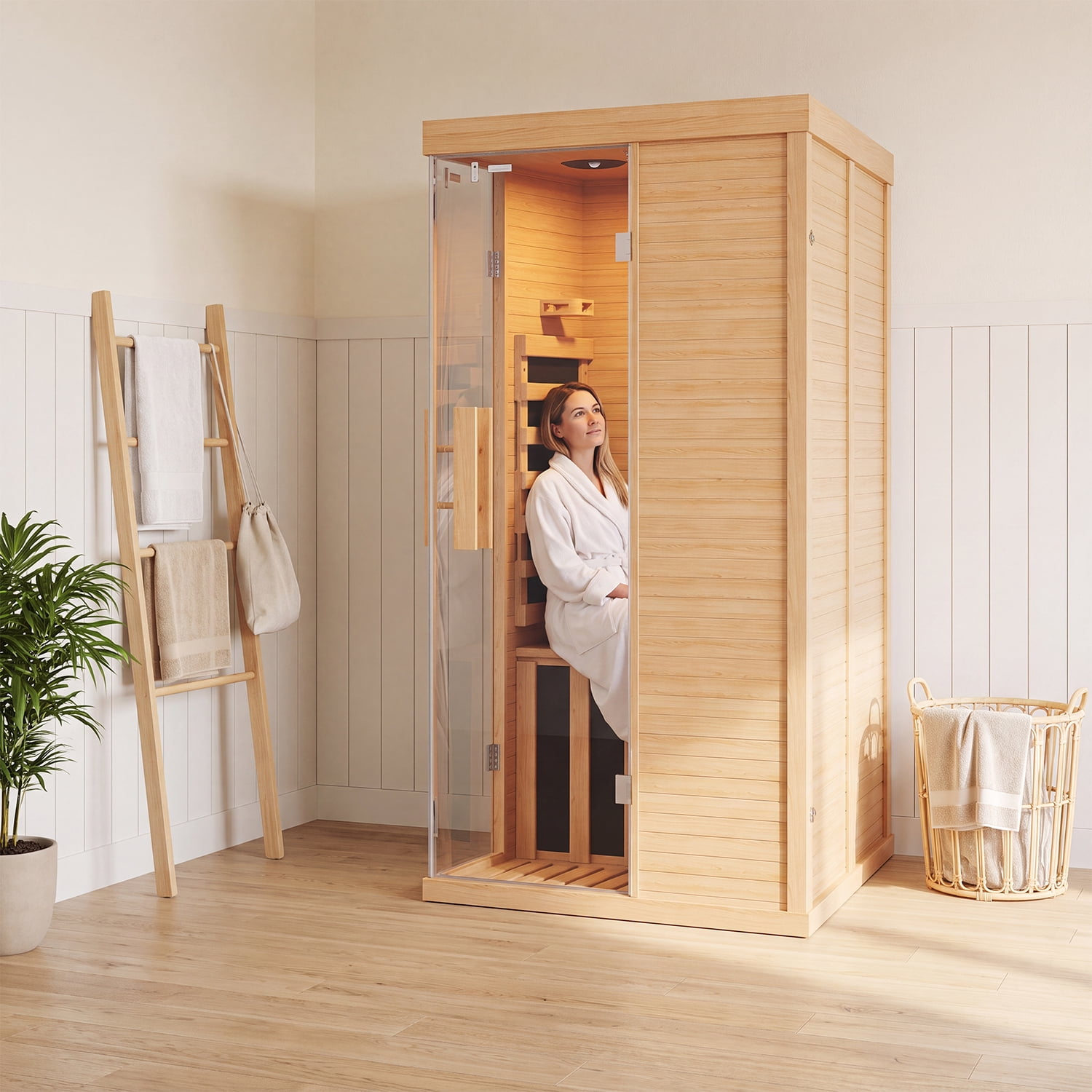 BaPiPro Infrared Sauna, 1-2 Person Home Far Wood Sauna, Canadian Hemlock Dry Sauna Spa Room with Low EMF Carbon Fiber Panels, Indoor Sauna with LED Light & Bluetooth Speaker