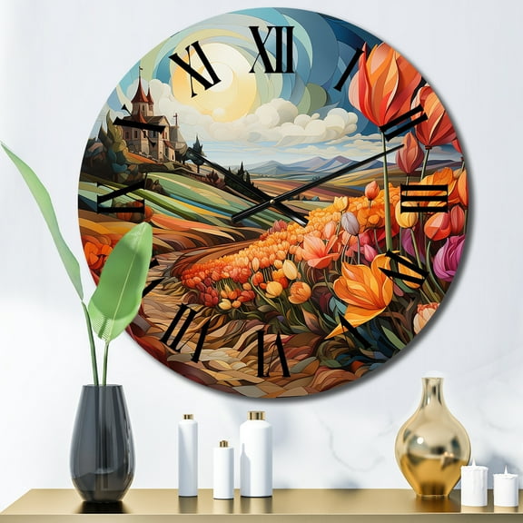 Designart "Orange Blue Netherlands Tulip Tapestry Rows" Landscapes Oversized Wall Clock