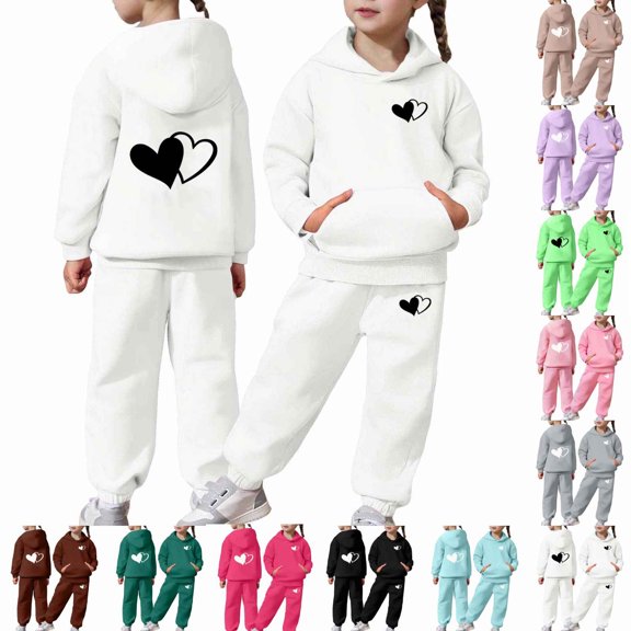 JAJAHO Girls Sweatsuit 2 Piece Outfits Heart Printed Long Sleeve Hoodie And Sweatpants Jogger Set For Kids 2-13Y
