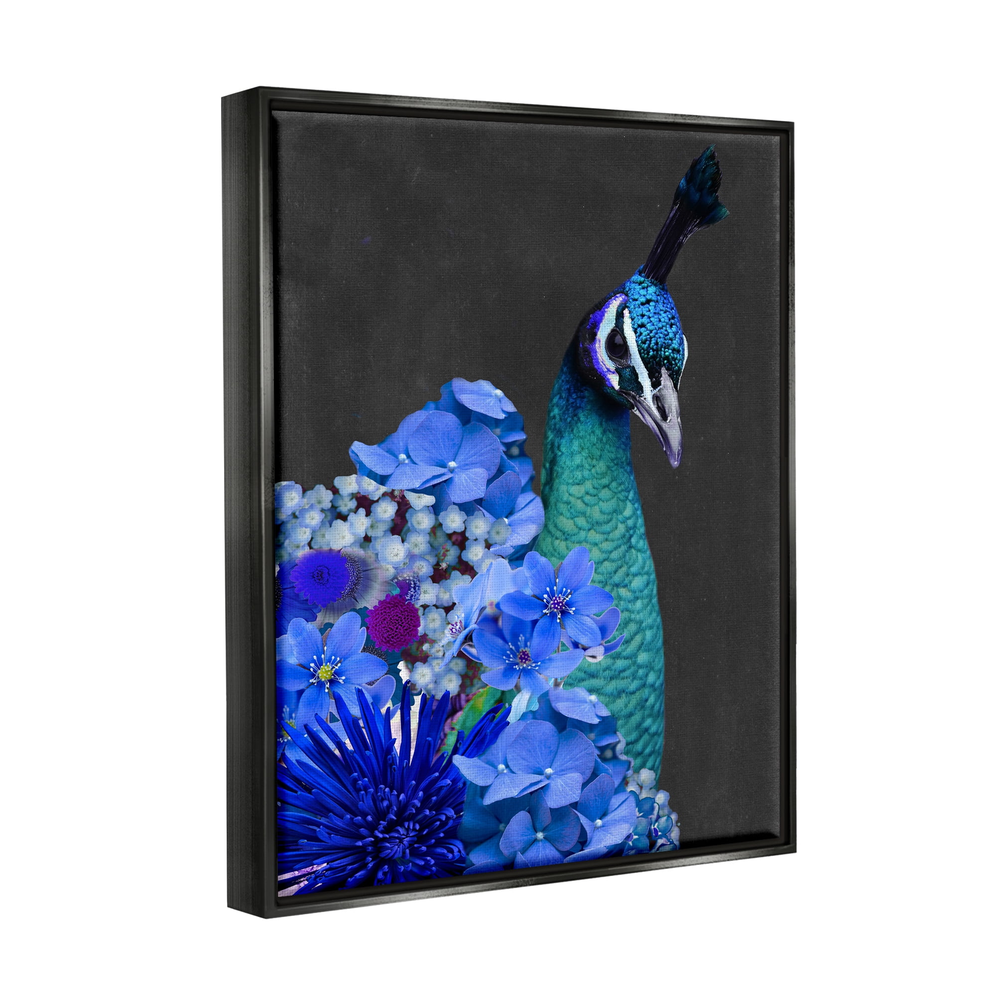 Stupell Industries Peacock with Blue Flowers Animals & Insects Painting Black Floater Framed Canvas Art Print Wall Art, 17 x 21