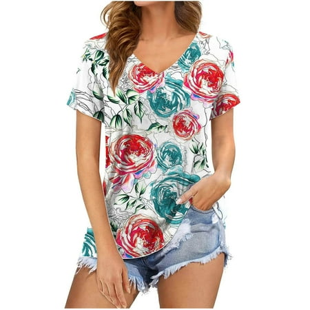 

Maternity Blouses Fashion Woman Causal V-Neck Printing Blouse Short Sleeve T-Shirt Summer Tops Shirts for Women Red XL