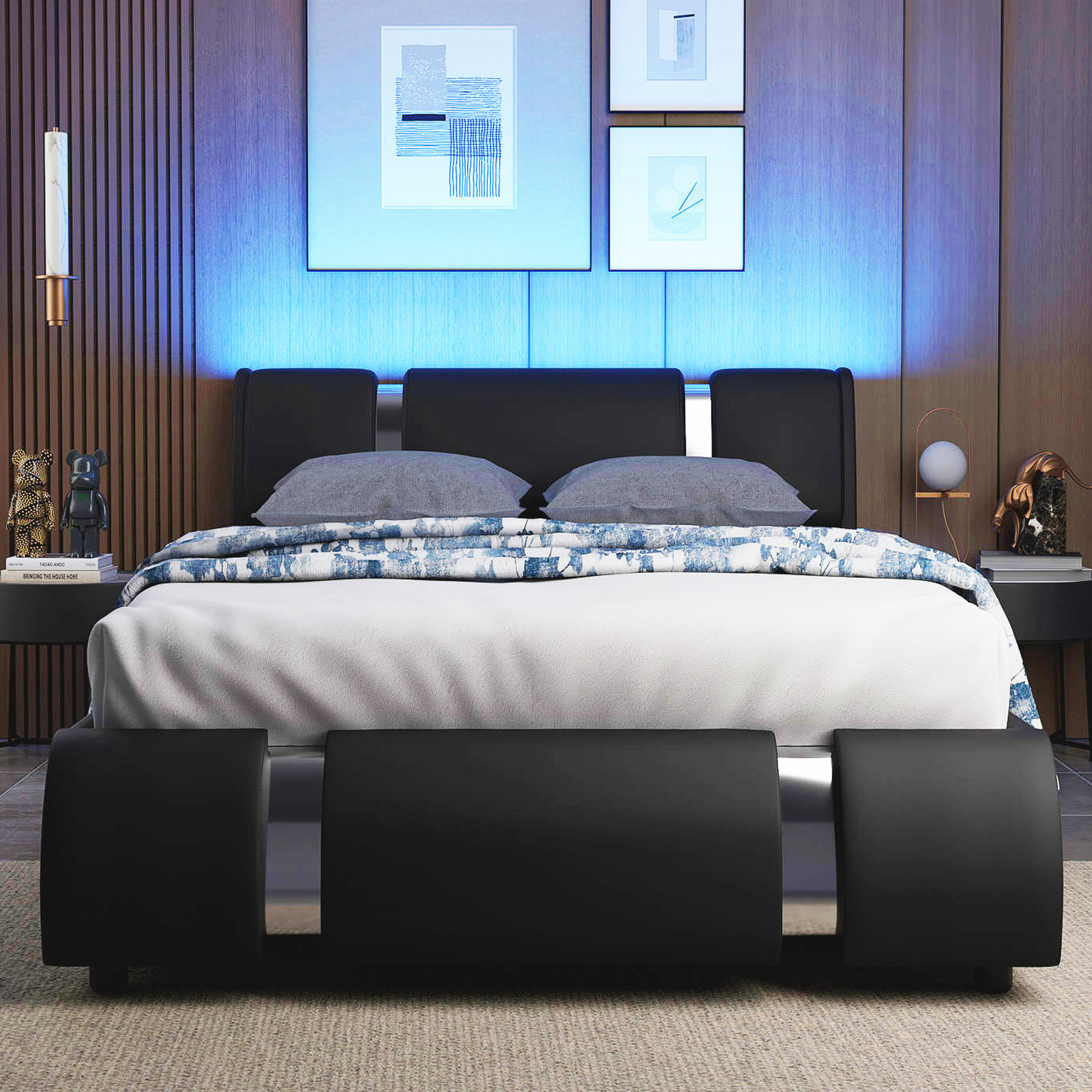 Queen Size Bed Frame with LED Light Headboard, Modern Faux Leather Platform Bed Frame Deluxe Upholstered Bed with Curved Backrest